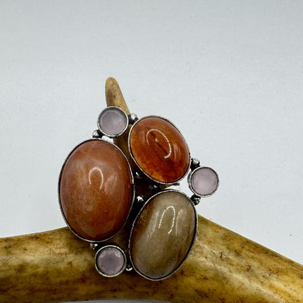 Vintage Silver Bronze Boho Ring | Orange Agates Rose Quartz | Unique Gift Statement Ring
