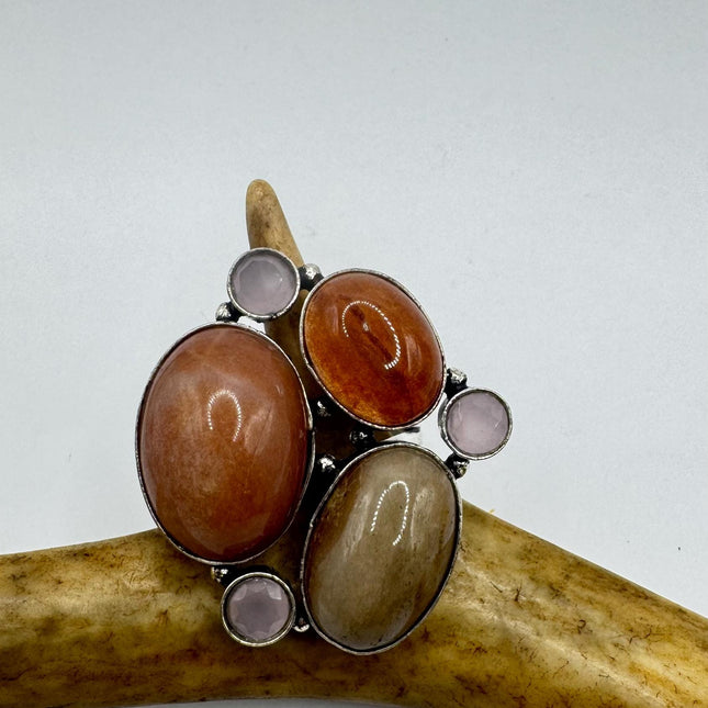 Vintage Silver Bronze Boho Ring | Orange Agates Rose Quartz | Unique Gift Statement Ring