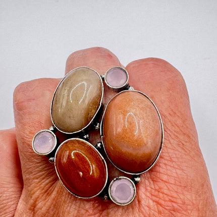 Vintage Silver Bronze Boho Ring | Orange Agates Rose Quartz | Unique Gift Statement Ring