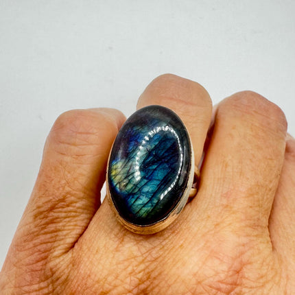 Vintage Chunky Rainbow Labradorite Cocktail Ring - Statement Band
