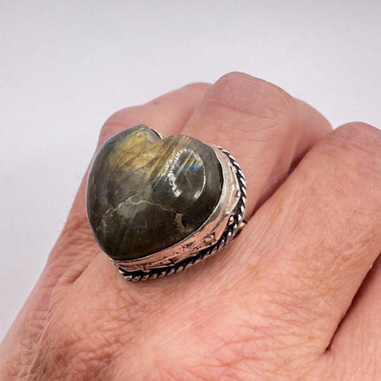 Vintage Chunky Rainbow Labradorite Heart Cocktail Ring - Statement Band