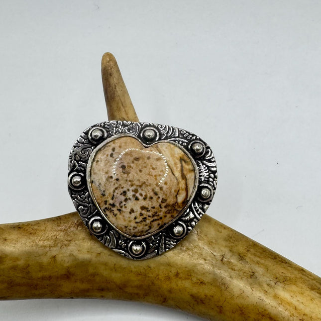 Vintage Silver Bronze Boho Ring | Heart Picture Jasper Agate Unique Gift Statement Ring