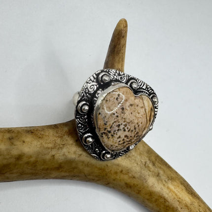 Vintage Silver Bronze Boho Ring | Heart Picture Jasper Agate Unique Gift Statement Ring