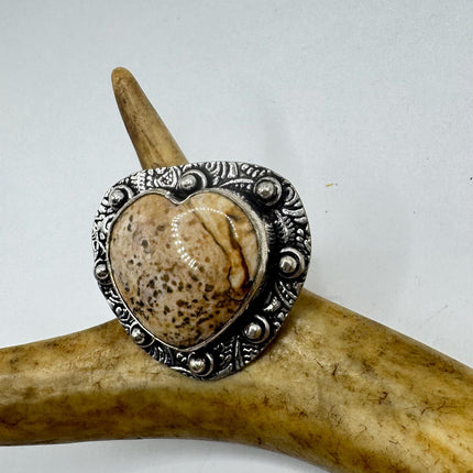 Vintage Silver Bronze Boho Ring | Heart Picture Jasper Agate Unique Gift Statement Ring