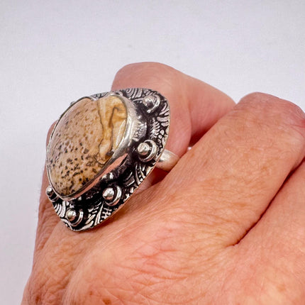 Vintage Silver Bronze Boho Ring | Heart Picture Jasper Agate Unique Gift Statement Ring