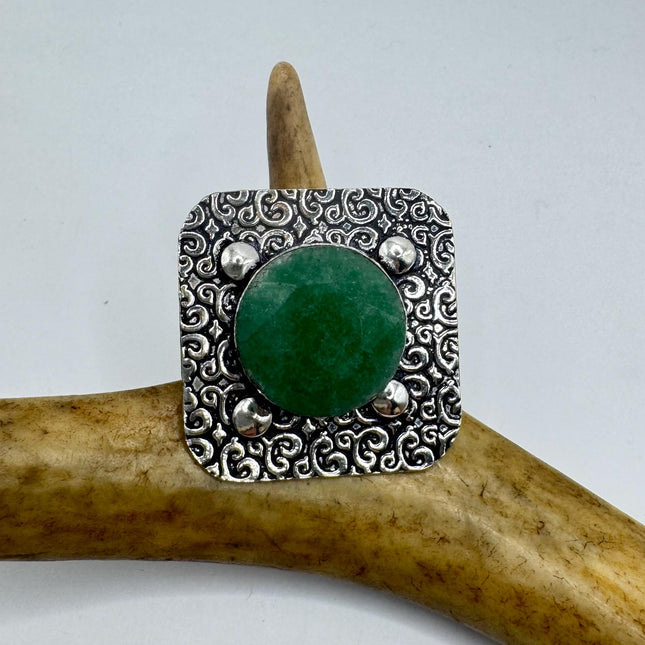 Vintage Silver Bronze | Green Raw Emerald | Unique Gift Statement Ring