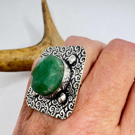 Vintage Silver Bronze | Green Raw Emerald | Unique Gift Statement Ring