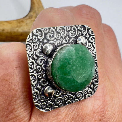 Vintage Silver Bronze | Green Raw Emerald | Unique Gift Statement Ring