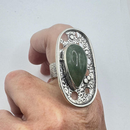 Vintage Silver Bronze | Green Nephrite Jade | Unique Gift Statement Ring