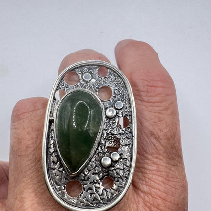 Vintage Silver Bronze | Green Nephrite Jade | Unique Gift Statement Ring