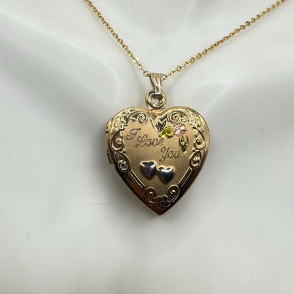 Vintage Gold Locket | Tiny 9k Gold Filled Heart Pendant Photo Memory Charm Engraved Two Hearts | Golden 925 Sterling Silver Chain Necklace