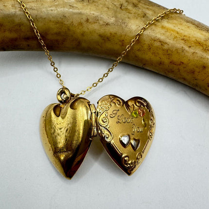 Vintage Gold Locket | Tiny 9k Gold Filled Heart Pendant Photo Memory Charm Engraved Two Hearts | Golden 925 Sterling Silver Chain Necklace