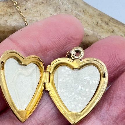 Vintage Gold Locket | Tiny 9k Gold Filled Heart Pendant Photo Memory Charm Engraved Two Hearts | Golden 925 Sterling Silver Chain Necklace