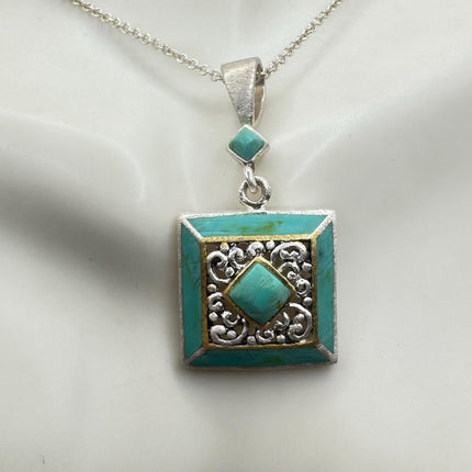 Vintage Turquoise Silver Gemstone Pendant | 925 Sterling Silver Necklace