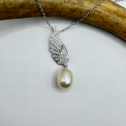 Vintage Pearl Winged Necklace - Dainty 925 Sterling Silver Chain, Delicate Design