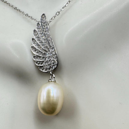Vintage Pearl Winged Necklace - Dainty 925 Sterling Silver Chain, Delicate Design