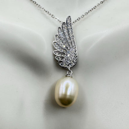 Vintage Pearl Winged Necklace - Dainty 925 Sterling Silver Chain, Delicate Design