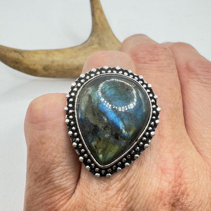 Vintage Chunky Rainbow Labradorite Cocktail Ring - Statement Band