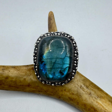 Vintage Chunky Rainbow Labradorite Cocktail Ring - Statement Band