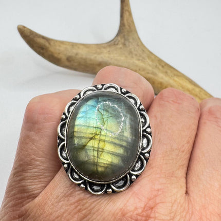 Vintage Chunky Rainbow Labradorite Cocktail Ring - Statement Band