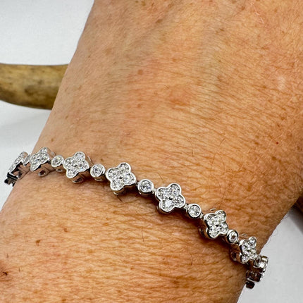 Vintage Tennis Flower Bracelet | Bezel Set Cubic Zirconia Crystal Diamond Gemstone in 925 Sterling Silver | Stackable Everyday Elegant
