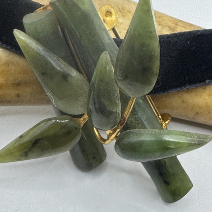 Vintage Green Jade Brooch Pin - Gold Filled with Velvet Choker - Small Lucky Bamboo Jade Design
