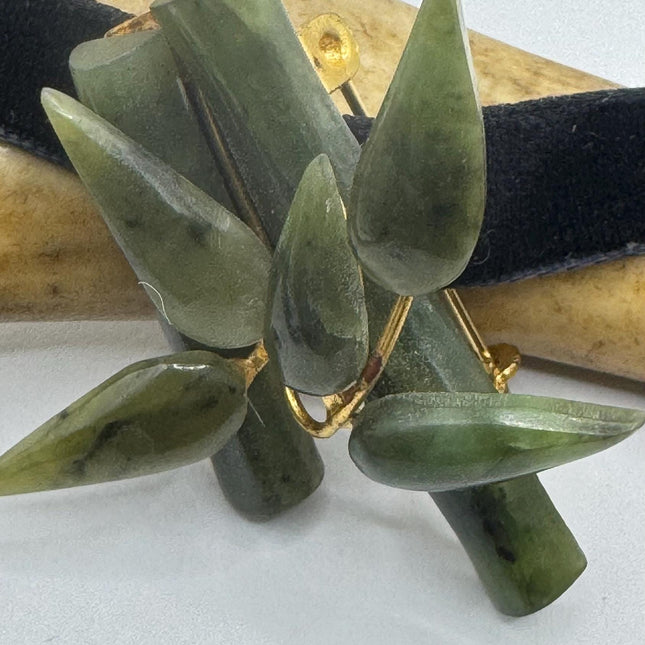 Vintage Green Jade Brooch Pin - Gold Filled with Velvet Choker - Small Lucky Bamboo Jade Design