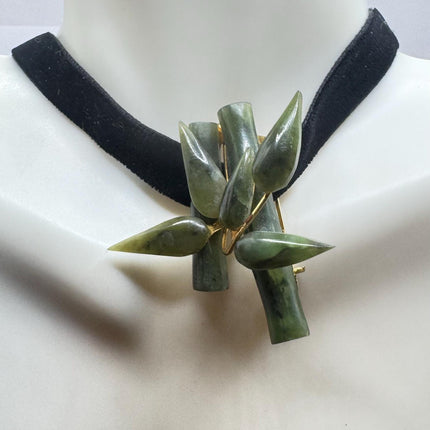 Vintage Green Jade Brooch Pin - Gold Filled with Velvet Choker - Small Lucky Bamboo Jade Design