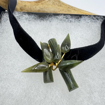 Vintage Green Jade Brooch Pin - Gold Filled with Velvet Choker - Small Lucky Bamboo Jade Design