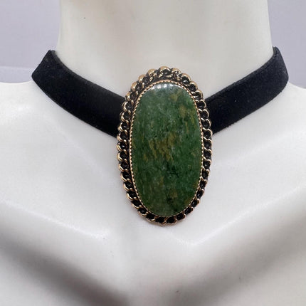 Vintage Green Jade Brooch Pin on Gold Filled Black Velvet Choker - Minimal Everyday Accessory
