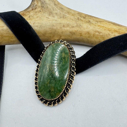 Vintage Green Jade Brooch Pin on Gold Filled Black Velvet Choker - Minimal Everyday Accessory