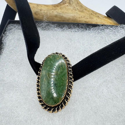 Vintage Green Jade Brooch Pin on Gold Filled Black Velvet Choker - Minimal Everyday Accessory