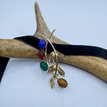 Vintage Scarab Brooch Pin | 14K Gold Filled Leaf Brooch | Multi Gemstone Scarab Pin | Carved Stone Brooch | Classic Retro Jewelry
