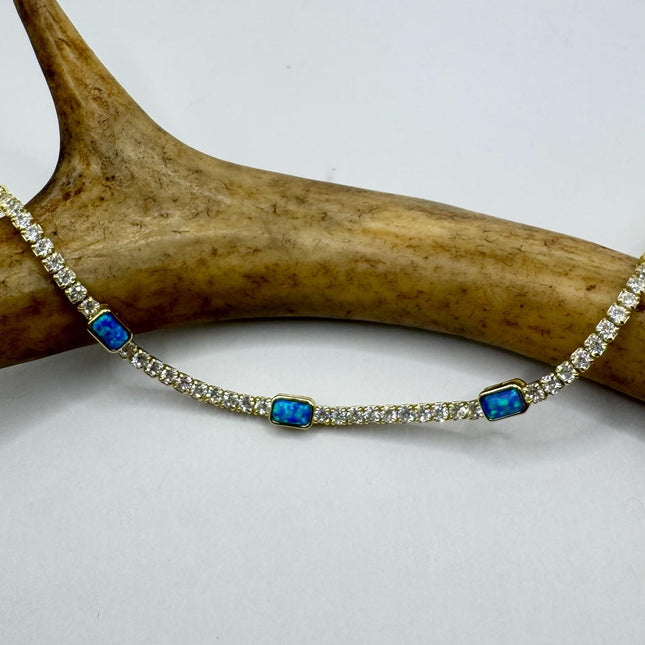Vintage Gold Tennis Bracelet | Blue Fire Opal Gemstone Cubic Zirconia Crystal Diamond 4 Prong Setting in Golden 925 Sterling Silver