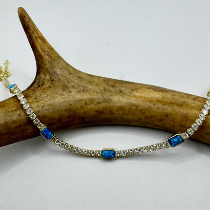 Vintage Gold Tennis Bracelet | Blue Fire Opal Gemstone Cubic Zirconia Crystal Diamond 4 Prong Setting in Golden 925 Sterling Silver