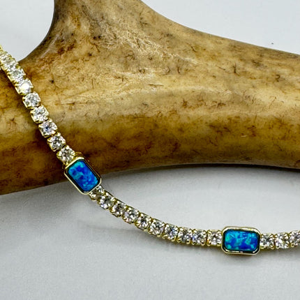Vintage Gold Tennis Bracelet | Blue Fire Opal Gemstone Cubic Zirconia Crystal Diamond 4 Prong Setting in Golden 925 Sterling Silver
