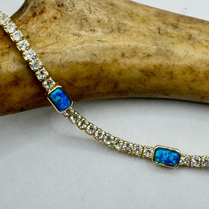 Vintage Gold Tennis Bracelet | Blue Fire Opal Gemstone Cubic Zirconia Crystal Diamond 4 Prong Setting in Golden 925 Sterling Silver