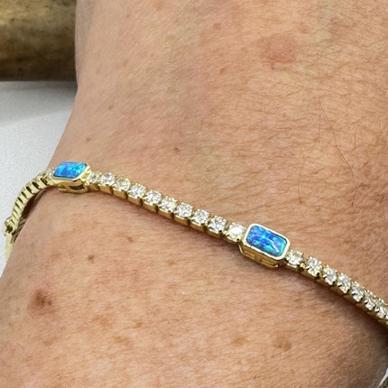 Vintage Gold Tennis Bracelet | Blue Fire Opal Gemstone Cubic Zirconia Crystal Diamond 4 Prong Setting in Golden 925 Sterling Silver