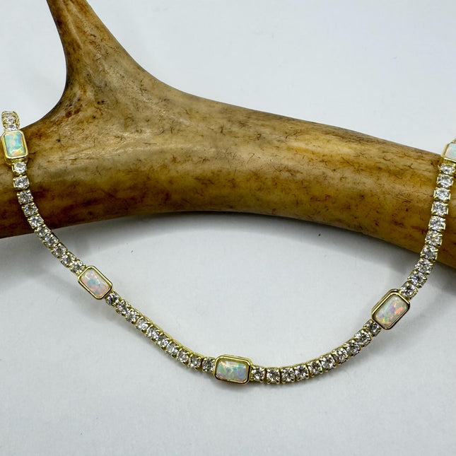 Vintage Gold Tennis Bracelet | Blue Fire Opal Gemstone Cubic Zirconia Crystal Diamond Gold 4 Prong Setting in Golden 925 Sterling Silver