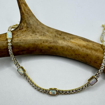 Vintage Gold Tennis Bracelet | Blue Fire Opal Gemstone Cubic Zirconia Crystal Diamond Gold 4 Prong Setting in Golden 925 Sterling Silver