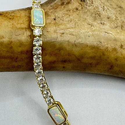 Vintage Gold Tennis Bracelet | Blue Fire Opal Gemstone Cubic Zirconia Crystal Diamond Gold 4 Prong Setting in Golden 925 Sterling Silver