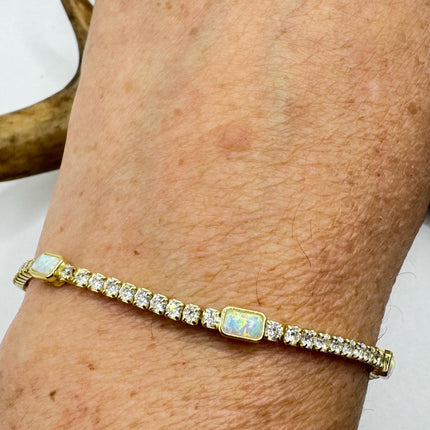 Vintage Gold Tennis Bracelet | Blue Fire Opal Gemstone Cubic Zirconia Crystal Diamond Gold 4 Prong Setting in Golden 925 Sterling Silver