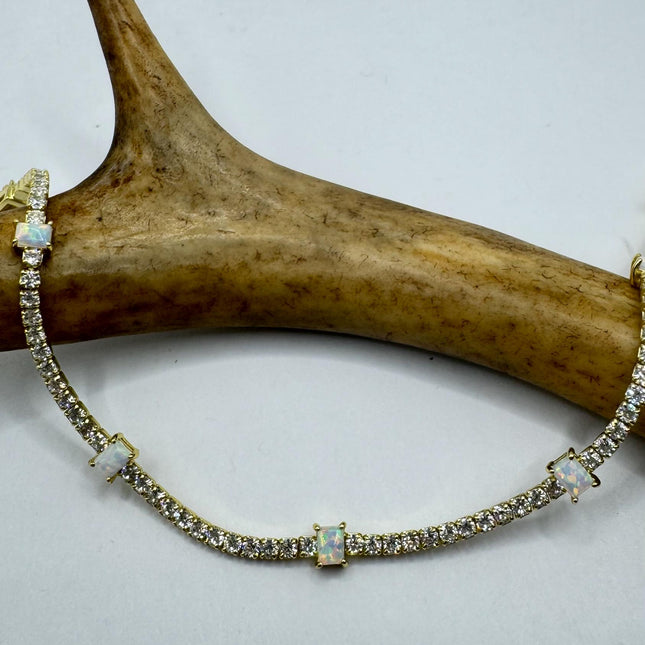Vintage Gold Tennis Bracelet | White Fire Opal Gemstone Cubic Zirconia Crystal Diamond Gold 3 Prong Setting in Golden 925 Sterling Silver