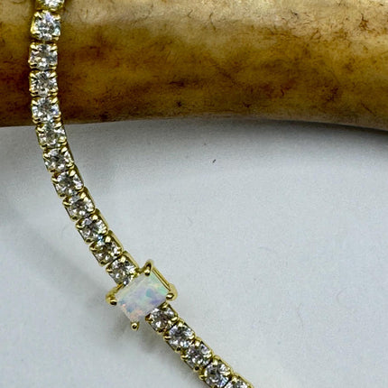 Vintage Gold Tennis Bracelet | White Fire Opal Gemstone Cubic Zirconia Crystal Diamond Gold 3 Prong Setting in Golden 925 Sterling Silver