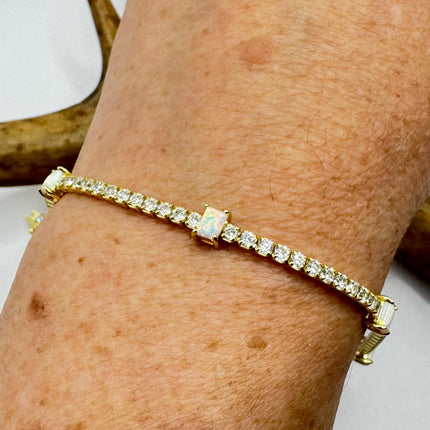 Vintage Gold Tennis Bracelet | White Fire Opal Gemstone Cubic Zirconia Crystal Diamond Gold 3 Prong Setting in Golden 925 Sterling Silver