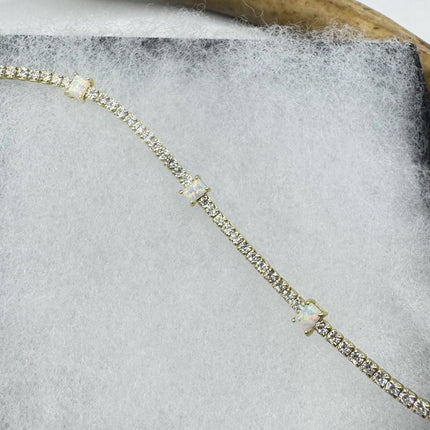 Vintage Gold Tennis Bracelet | White Fire Opal Gemstone Cubic Zirconia Crystal Diamond Gold 3 Prong Setting in Golden 925 Sterling Silver