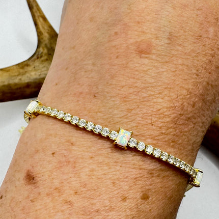 Vintage Gold Tennis Bracelet | White Fire Opal Gemstone Cubic Zirconia Crystal Diamond Gold 3 Prong Setting in Golden 925 Sterling Silver