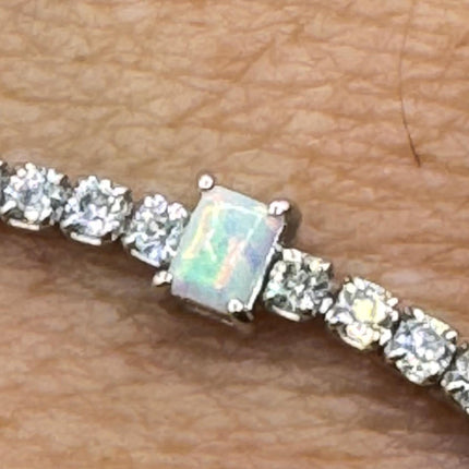 Vintage Silver Tennis Bracelet | White Fire Opal Gemstone CZ Crystal Diamond Birthstone Bracelet | 925 Sterling Silver