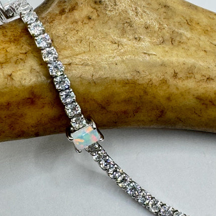 Vintage Silver Tennis Bracelet | White Fire Opal Gemstone CZ Crystal Diamond Birthstone Bracelet | 925 Sterling Silver