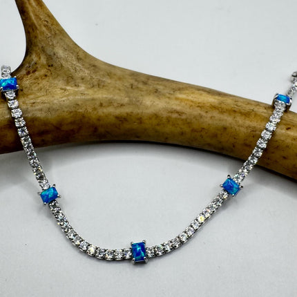 Vintage Fire Opal Silver Tennis Bracelet Gemstone CZ Crystal Diamond Birthstone 925 Sterling Silver
